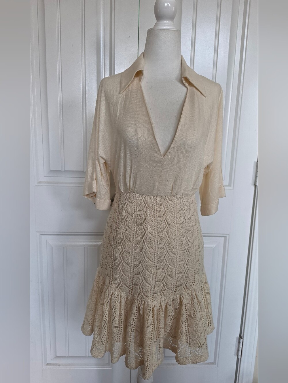 Cream Crochet Skirt Collared V-Neck Dress